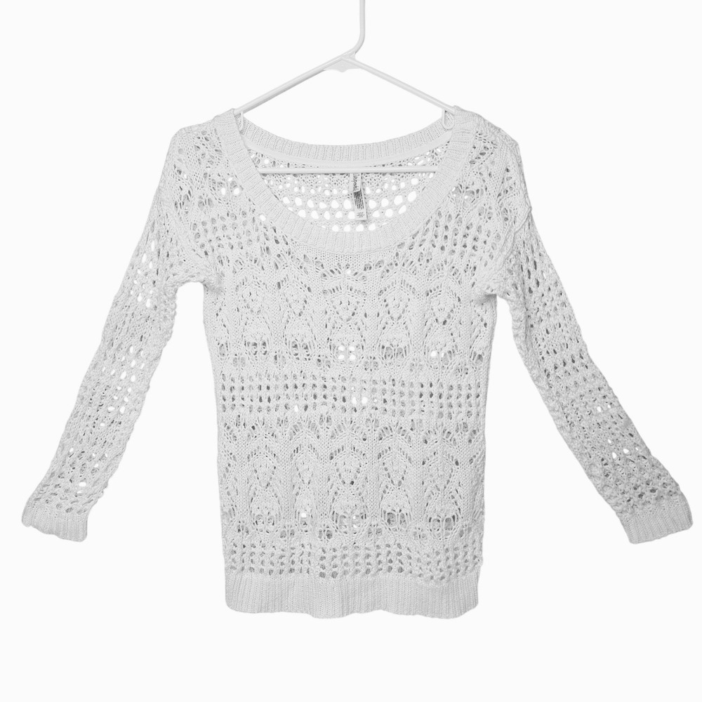 Aeropostale Womens Boho White Crochet Knit‎ 3/4 Sleeve Sweater XS Layer Coastal